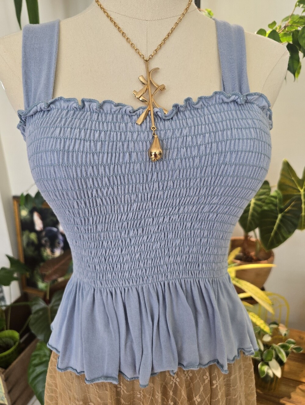 Urban Outfitters Dusty Blue Smocked Peplum Tank Top Size Medium